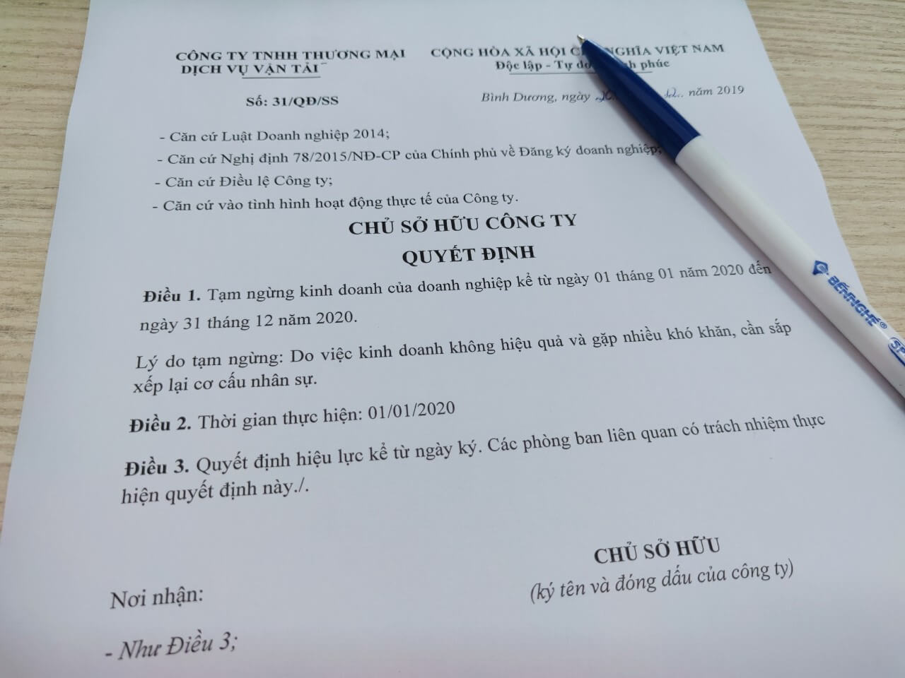 Hồ sơ thực hiện thủ tục tạm ngưng hoạt động công ty